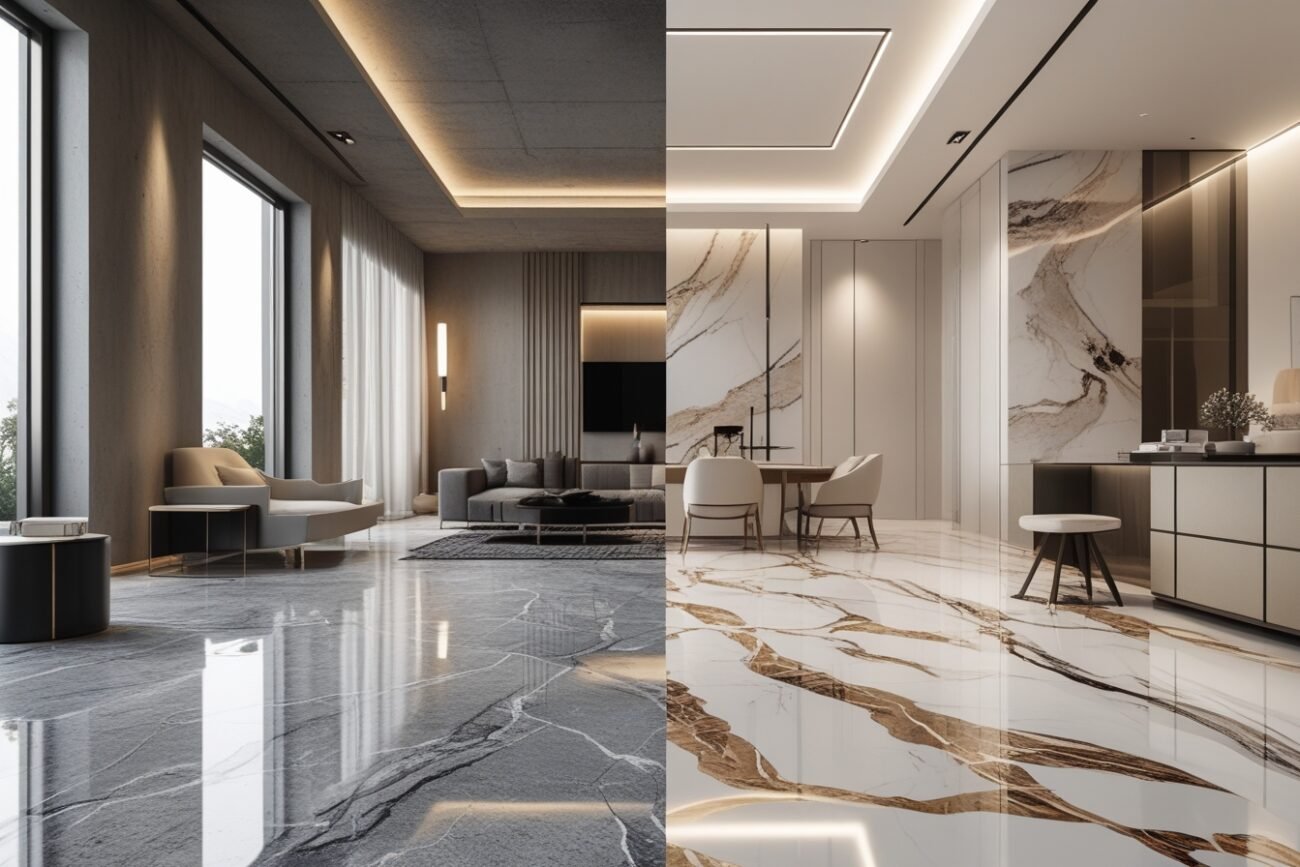 Two marble floors laid side by side, one grey and one gold-veined, showing how far the same stone can vary between lots